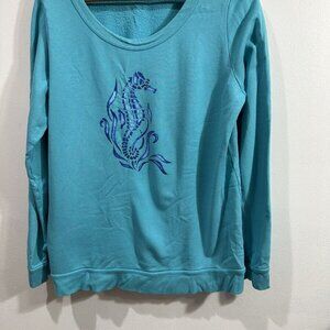 Fresh Produce Women's Teal Seahorse Graphic Print  Organic Cotton Sweater Medium